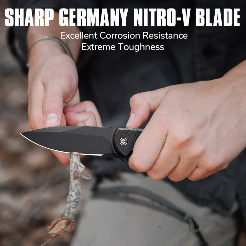 CIVIVI Primitrox Flipper Knife Black G10 Handle (3.48" Black Stonewashed Nitro-V Blade) C23005A-2