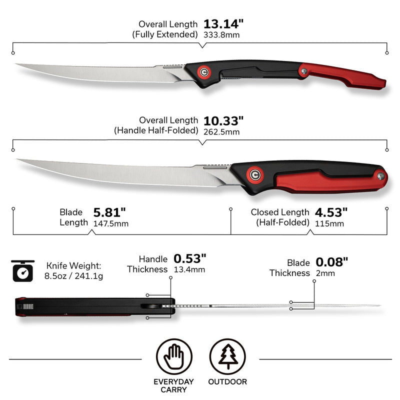 CIVIVI Shawka Folding Fillet Knife Aluminum Handle (5.81" 14C28N Blade) C22029B - 1, With 1PC Black Nylon Sheath