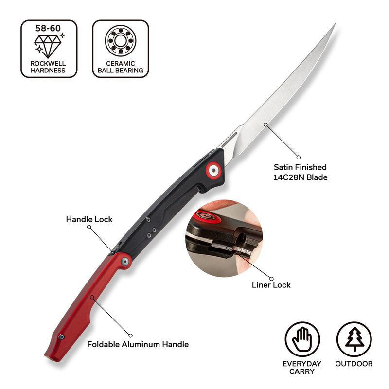 CIVIVI Shawka Folding Fillet Knife Aluminum Handle (5.81" 14C28N Blade) C22029B - 1, With 1PC Black Nylon Sheath