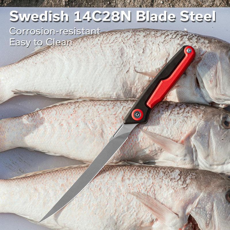 CIVIVI Shawka Folding Fillet Knife Aluminum Handle (5.81" 14C28N Blade) C22029B - 1, With 1PC Black Nylon Sheath