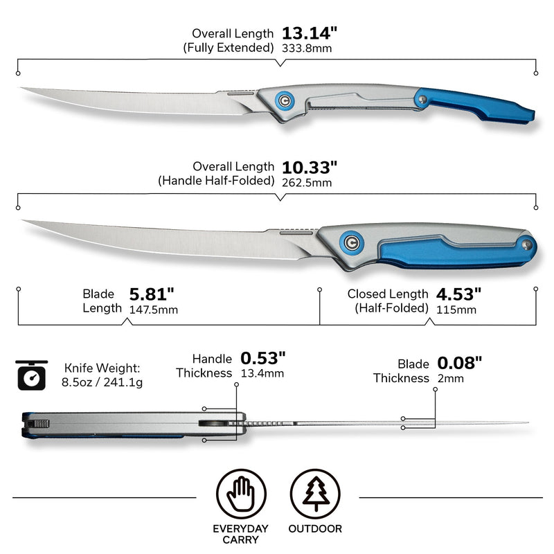 CIVIVI Shawka Folding Fillet Knife Aluminum Handle (5.81" 14C28N Blade) C22029B - 2, With 1PC Black Nylon Sheath