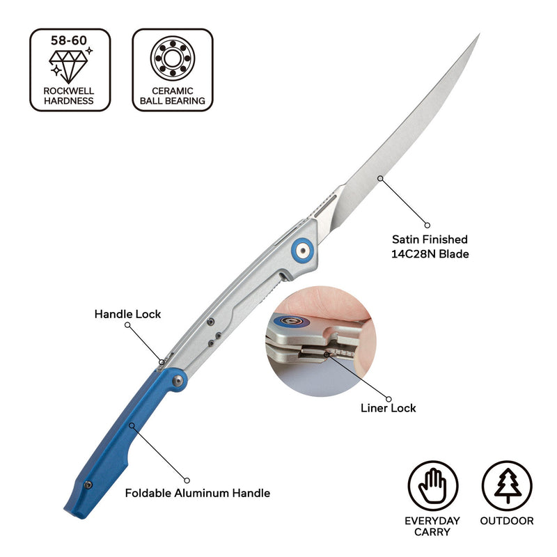 CIVIVI Shawka Folding Fillet Knife Aluminum Handle (5.81" 14C28N Blade) C22029B - 2, With 1PC Black Nylon Sheath