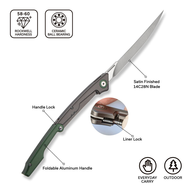 CIVIVI Shawka Folding Fillet Knife Aluminum Handle (5.81" 14C28N Blade) C22029B - 3, With 1PC Black Nylon Sheath