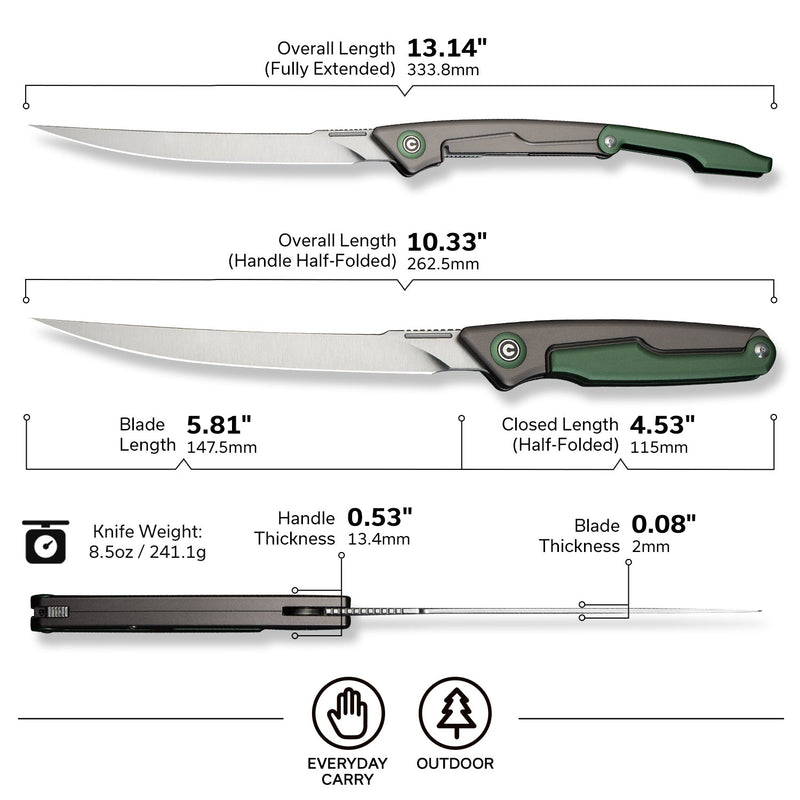 CIVIVI Shawka Folding Fillet Knife Aluminum Handle (5.81" 14C28N Blade) C22029B - 3, With 1PC Black Nylon Sheath