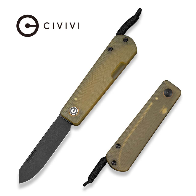 CIVIVI Slippy Sendy Slip Joint Knife Milled Bead Blasted Yellow Ultem Handle (2.81" Black Stonewashed Nitro - V Blade) C24075A - 1, With Black Paracord Lanyard Attached