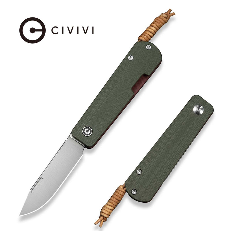 CIVIVI Slippy Sendy Slip Joint Knife Milled Green & Red G10 Handle (2.81" Satin Finished Nitro - V Blade) C24075B - 1, With Brown Leather Lanyard Attached