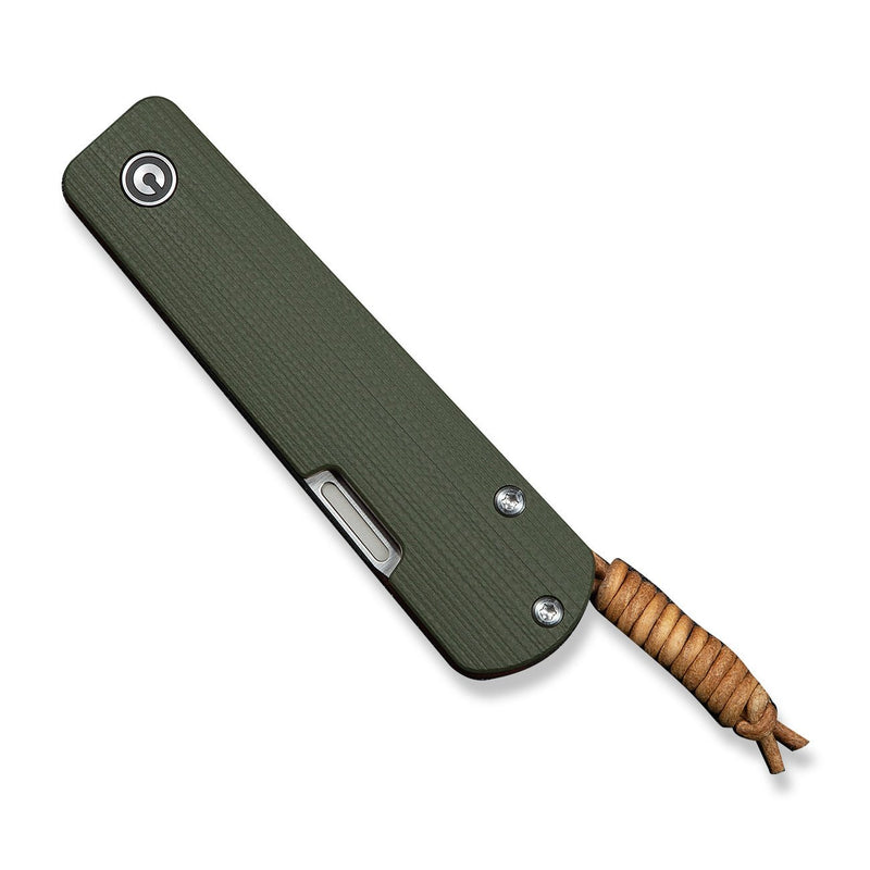 CIVIVI Slippy Sendy Slip Joint Knife Milled Green & Red G10 Handle (2.81" Satin Finished Nitro - V Blade) C24075B - 1, With Brown Leather Lanyard Attached