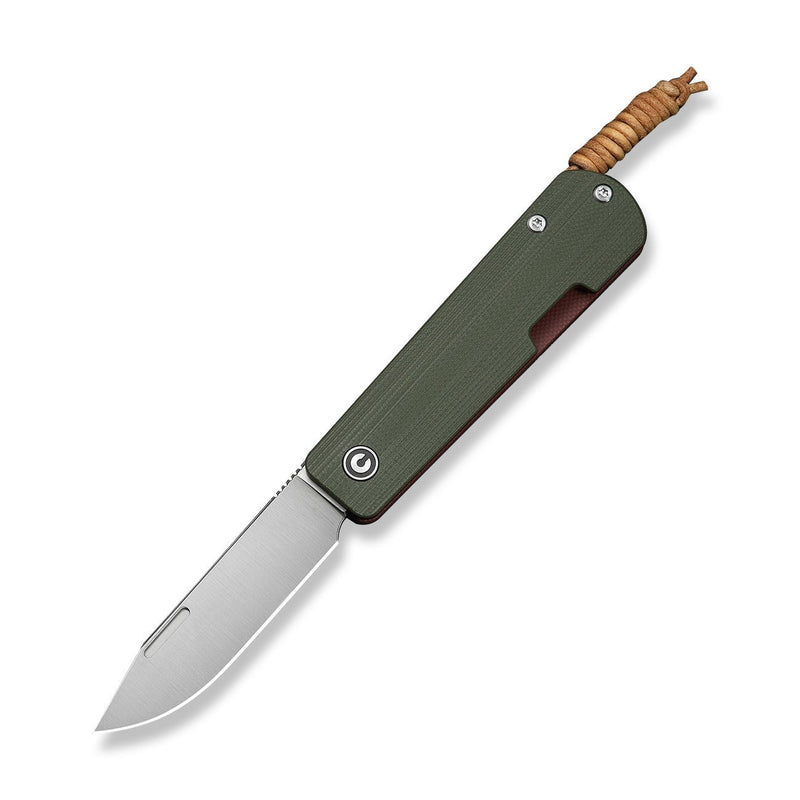CIVIVI Slippy Sendy Slip Joint Knife Milled Green & Red G10 Handle (2.81" Satin Finished Nitro - V Blade) C24075B - 1, With Brown Leather Lanyard Attached