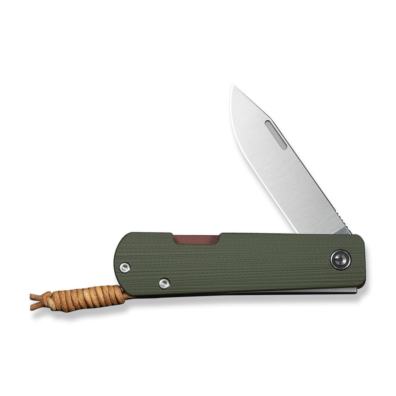 CIVIVI Slippy Sendy Slip Joint Knife Milled Green & Red G10 Handle (2.81" Satin Finished Nitro - V Blade) C24075B - 1, With Brown Leather Lanyard Attached