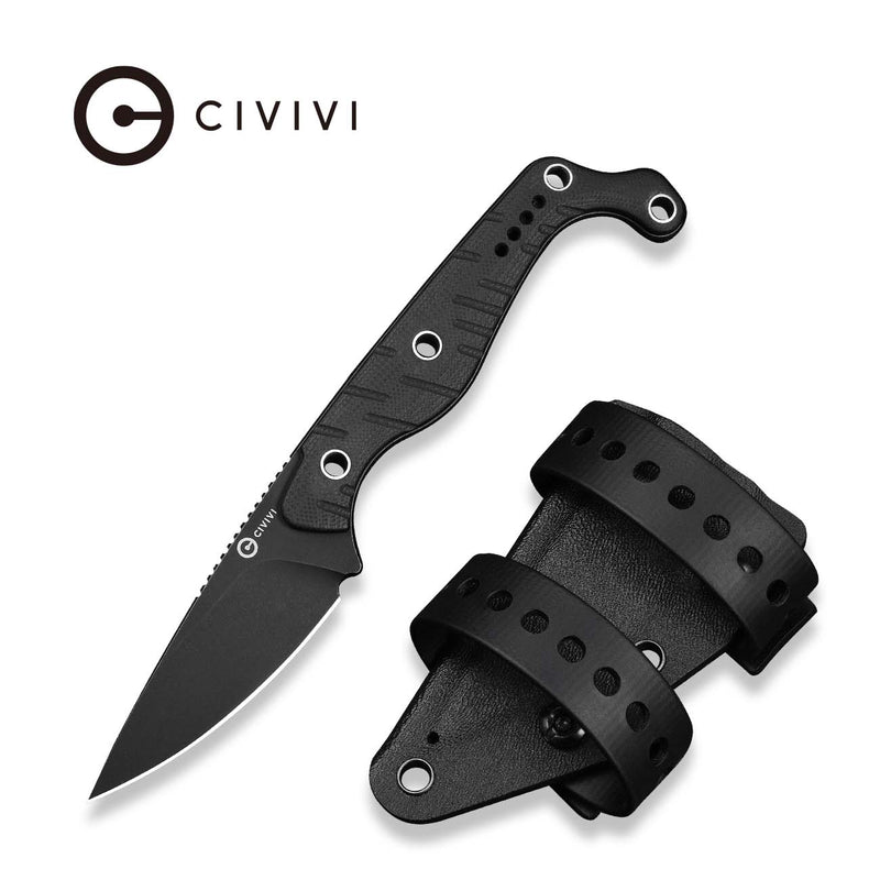 CIVIVI SŌKN Fixed Blade Knife Black G10 Handle (2.82" Black Stonewashed Nitro - V Blade) C22027 - 3, With 1PC Black Kydex Sheath & 2PCS Black Straps
