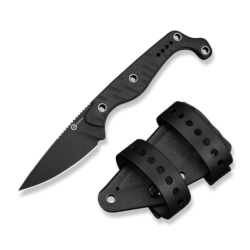 CIVIVI SŌKN Fixed Blade Knife Black G10 Handle (2.82" Black Stonewashed Nitro - V Blade) C22027 - 3, With 1PC Black Kydex Sheath & 2PCS Black Straps