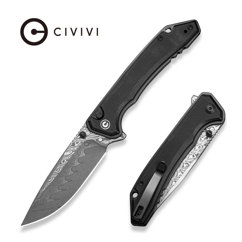 CIVIVI Spherion Flipper & Thumb Stud & Button Lock Knife Black G10 Handle (3.45" Damascus Blade) C25039 Sample1