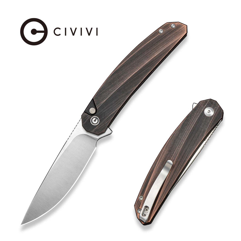 CIVIVI Sylvara Flipper & Button Lock Knife Black Hand Rubbed Copper Handle (3.66" Satin Finished Nitro - V Blade) C25024B Sample1