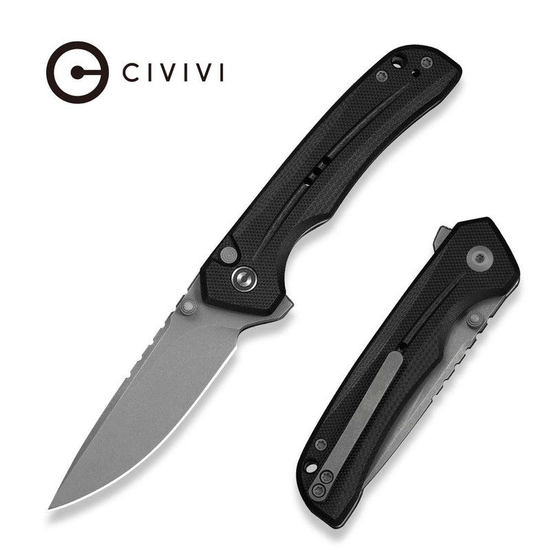 CIVIVI Tarask Flipper & Thumb Stud & Button Lock Knife Black G10 Handle (2.96" Gray Stonewashed Nitro - V Blade) C25023C - 1