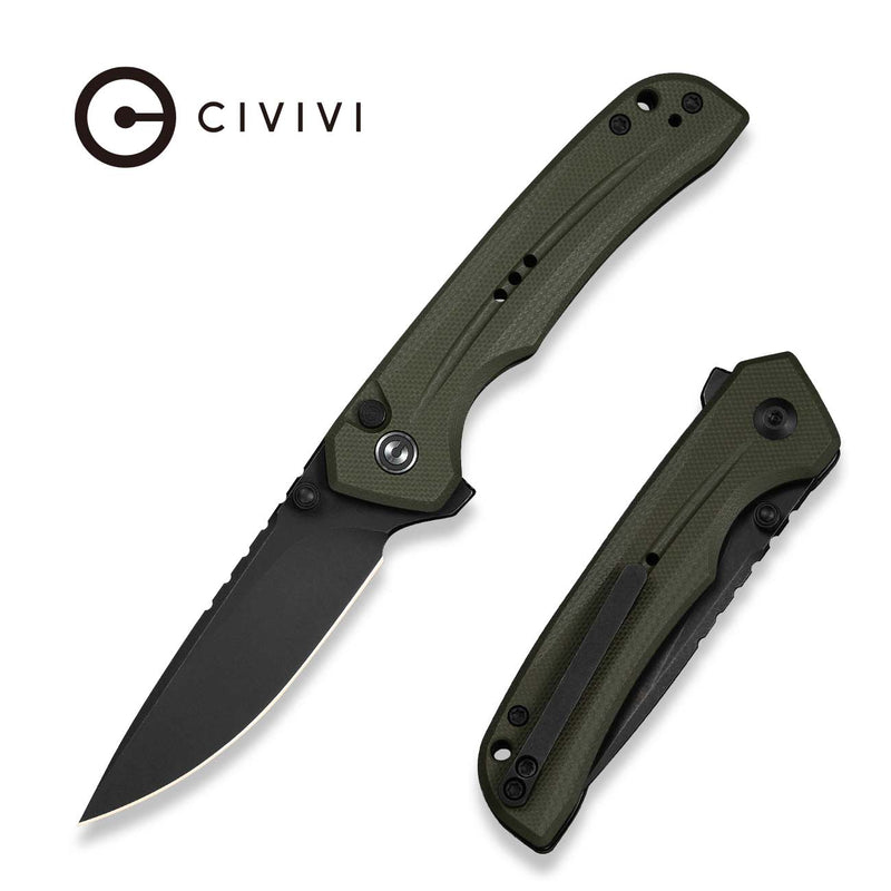 CIVIVI Tarask Flipper & Thumb Stud & Button Lock Knife OD Green G10 Handle (2.96" Black Stonewashed Nitro - V Blade) C25023C - 2