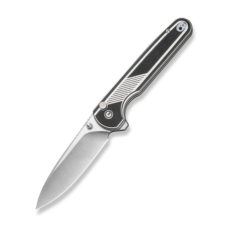 CIVIVI Torsent Flipper & Thumb Stud & Button Lock Knife Black & White G10 Handle (3.38" Satin Finished Nitro - V Blade) C24090A Sample1