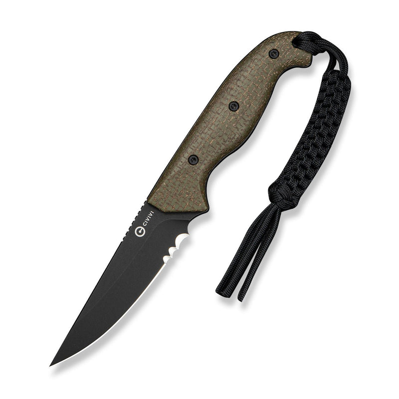 CIVIVI Torvyn Fixed Blade Knife Green Burlap Micarta Handle (3.57" Black Stonewashed AEB - L Blade) C25034B Sample2, With 1PC Black Lanyard, Black Kydex Sheath & T - Clip