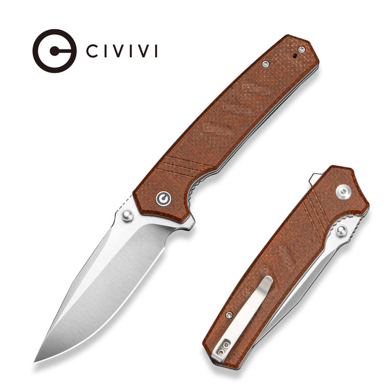 CIVIVI Trellex Flipper & Thumb Stud Knife Brown Burlap Micarta Handle (3.5" Satin Finished Nitro - V Blade) C25013 Sample2