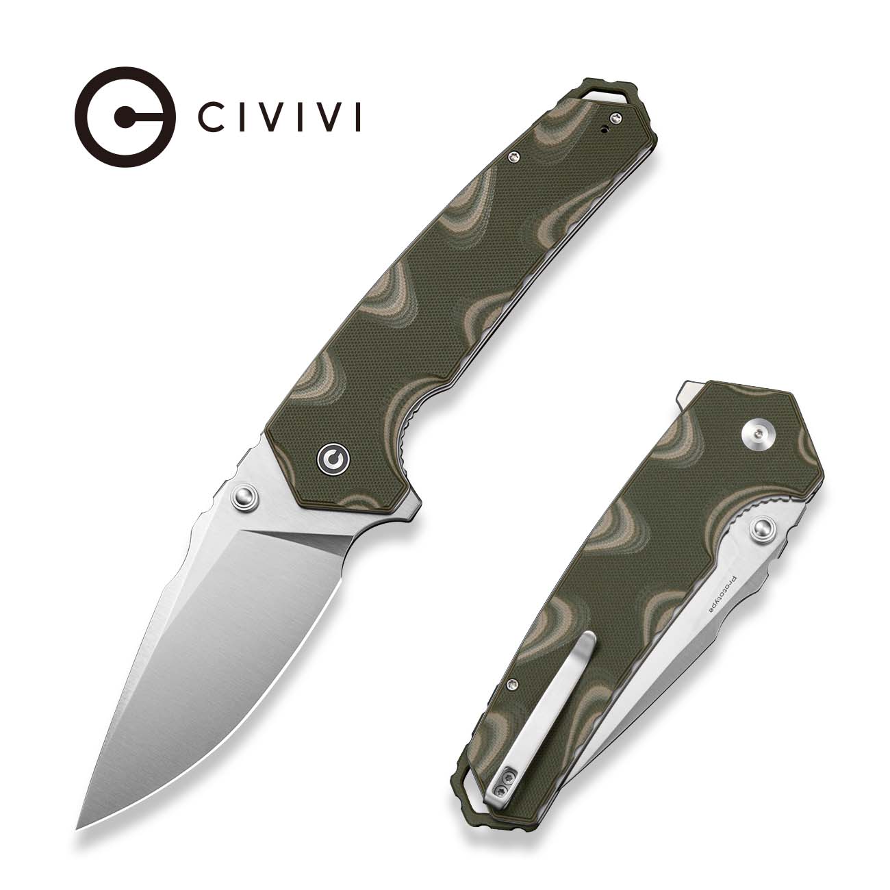 CIVIVI Tyranix Flipper & Thumb Stud Knife Layered Green & Tan G10 Hand