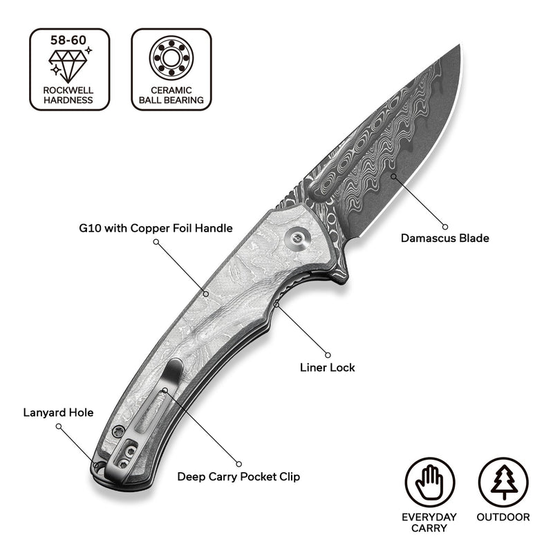 CIVIVI Voidflare Flipper Knife G10 With Aluminum Foil Handle (2.92" Damascus Blade) C24040 - DS1