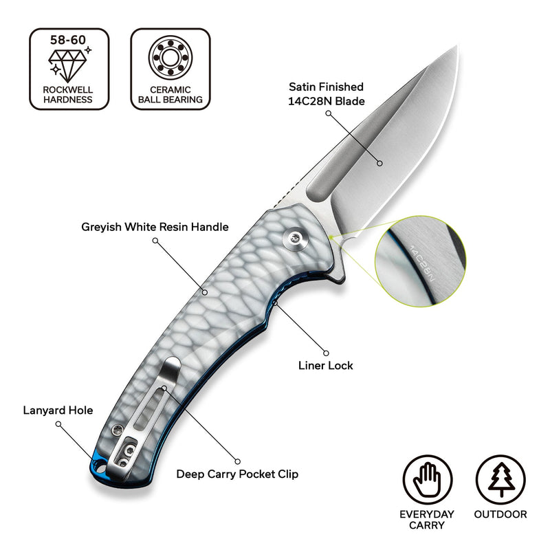 CIVIVI Voidflare Flipper Knife Greyish White Resin Handle With Scale Pattern (2.92" Satin Finished 14C28N Blade) C24040 - 2