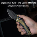 CIVIVI Wellmax Thumb Stud & Button Lock Knife Black Aluminum Handle With Polished Yellow Ultem Inlay (3.6" Black Stonewashed 14C28N Blade) C24008C-2 - CIVIVI