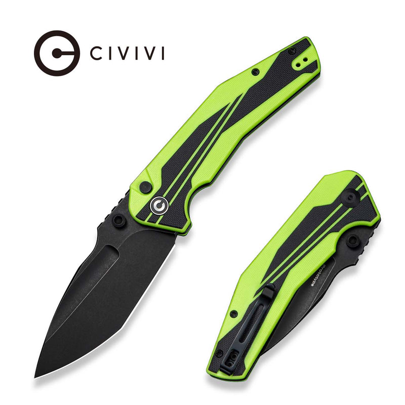 CIVIVI Wellmax Thumb Stud & Button Lock Knife Fluorescent Green & Black G10 Handle (3.6" Black Stonewashed 14C28N Blade) C24008A - Sample2