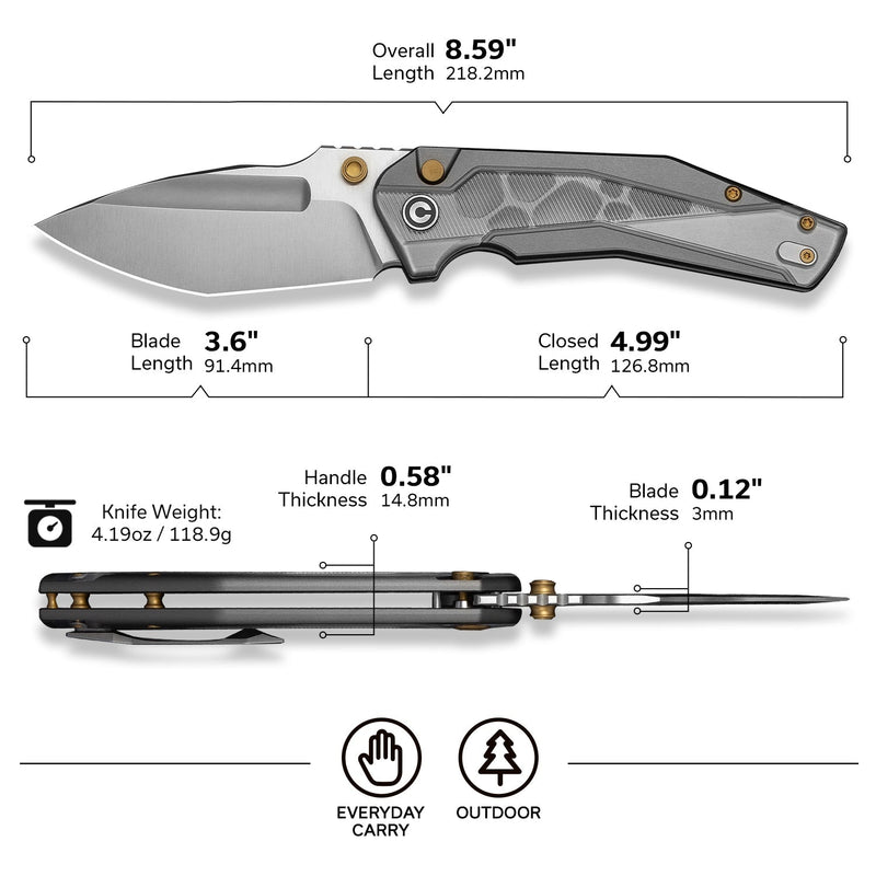 CIVIVI Wellmax Thumb Stud & Button Lock Knife Gray Aluminum Handle Wit