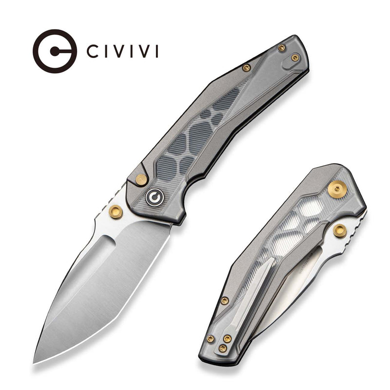 CIVIVI Wellmax Thumb Stud & Button Lock Knife Gray Aluminum Handle With Polished Clear Lexan Inlay (3.6" Satin Finished 14C28N Blade) C24008C - Sample2