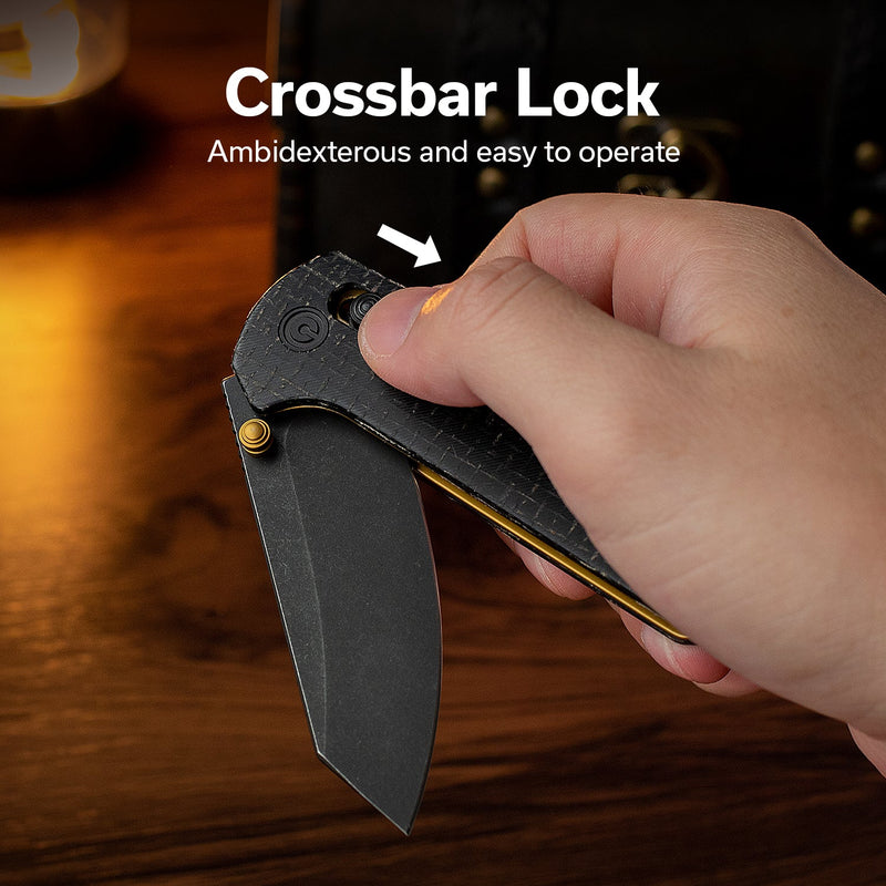 CIVIVI Yonder Thumb Stud & Crossbar Lock Knife Black Burlap Micarta Handle (2.88" Black Stonewashed 14C28N Blade) C23073B - 2