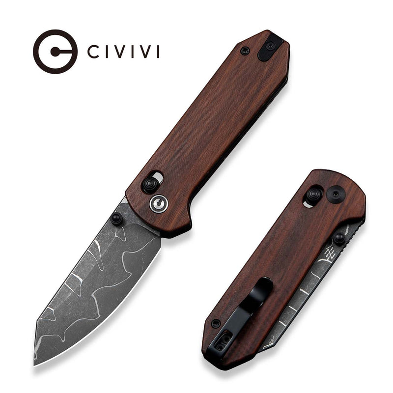CIVIVI Yonder Thumb Stud & Crossbar Lock Knife Guibourtia Wood Handle (2.88" New Damascus Blade with Jagged Pattern) C23073B - DS2