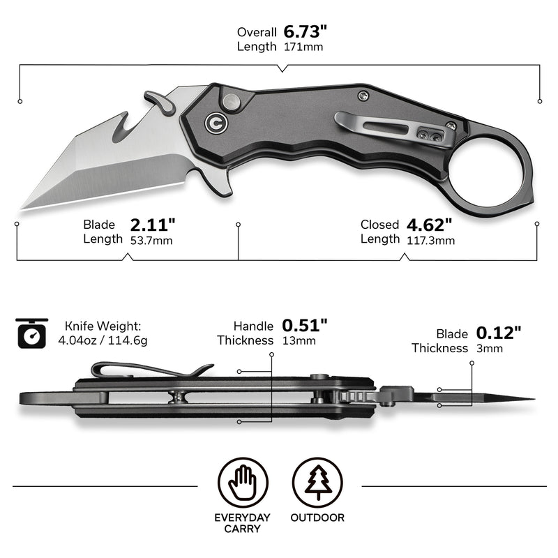 CIVIVI Amaroq Flipper & Thumb Stud & Button Lock Knife Gray Aluminum Handle (2.11" Satin Finished Nitro-V Blade) C24018-1