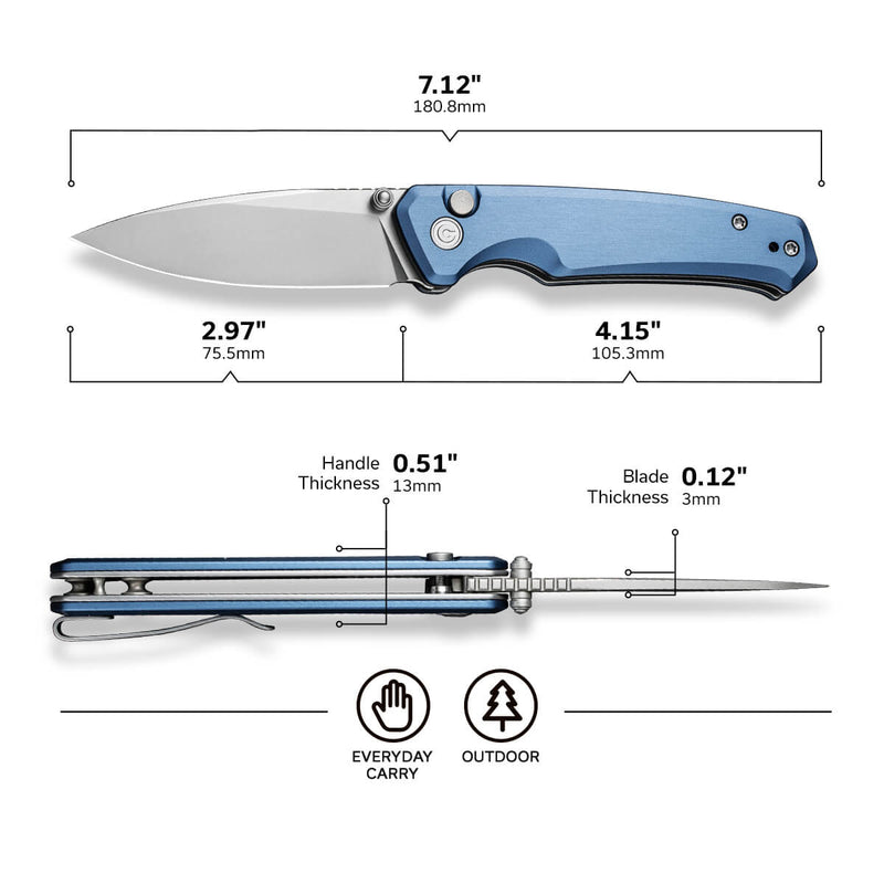 CIVIVI Altus Button Lock & Thumb Stud Knife Blue Aluminum Handle (2.97" Stonewashed Nitro-V Blade) C20076-6