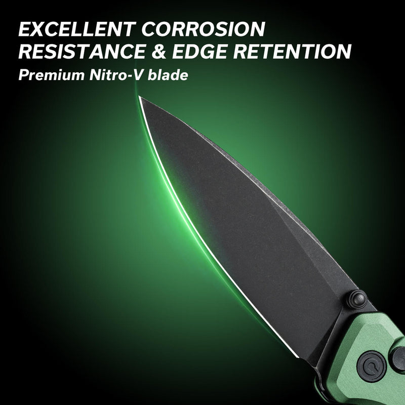 CIVIVI Altus Button Lock & Thumb Stud Knife Green Aluminum Handle (2.97" Black Stonewashed Nitro-V Blade) C20076-5