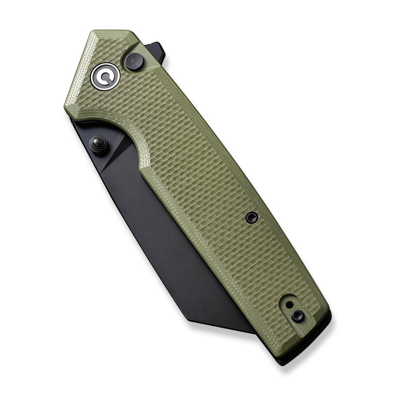 CIVIVI Amirite Flipper & Button Lock & Thumb Stud Knife OD Green Coarse G10 Handle (3.48" Black Nitro-V Blade) C23028-3