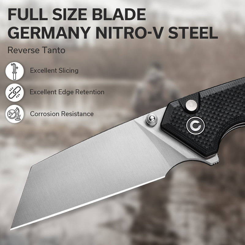 CIVIVI Amirite Flipper & Thumb Stud & Button Lock Knife Black Coarse G10 Handle (3.48" Satin Finished Nitro-V Blade) C23028-2