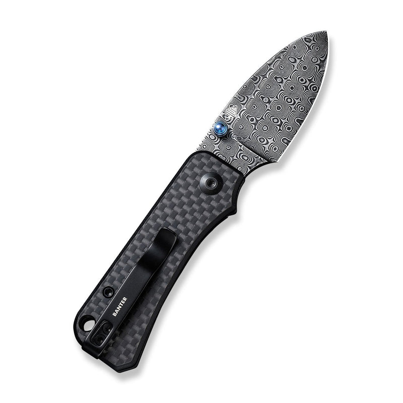 CIVIVI Baby Banter Thumb Stud Knife Twill Carbon Fiber Overlay On Black G10 Handle (2.34" Black Hand Rubbed Damascus Blade) C19068S-DS1