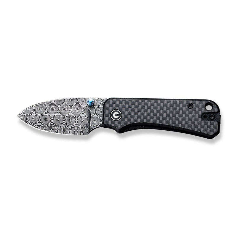 CIVIVI Baby Banter Thumb Stud Knife Twill Carbon Fiber Overlay On Black G10 Handle (2.34" Black Hand Rubbed Damascus Blade) C19068S-DS1