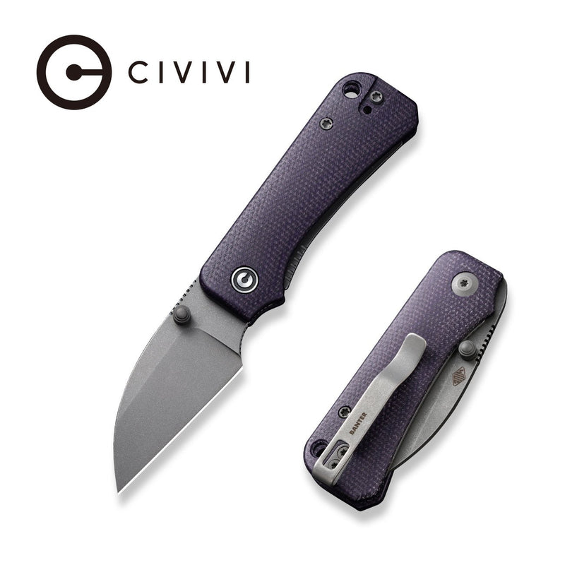 CIVIVI Baby Banter Wharncliffe Thumb Stud Knife Purple Canvas Micarta Contoured Handle (2.32" Gray Stonewashed Nitro-V Blade) C19068SC-2