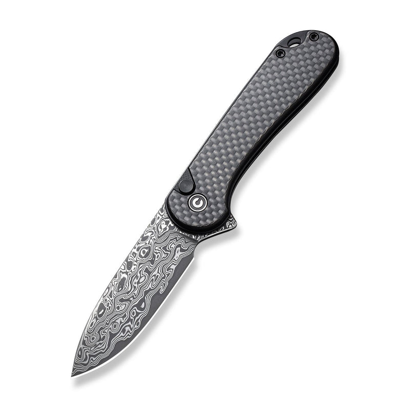 CIVIVI Button Lock Elementum II Pocket Knife Twill Carbon Fiber Overlay On Black G10 Handle (2.96" Damascus Blade) C18062PB-DS1