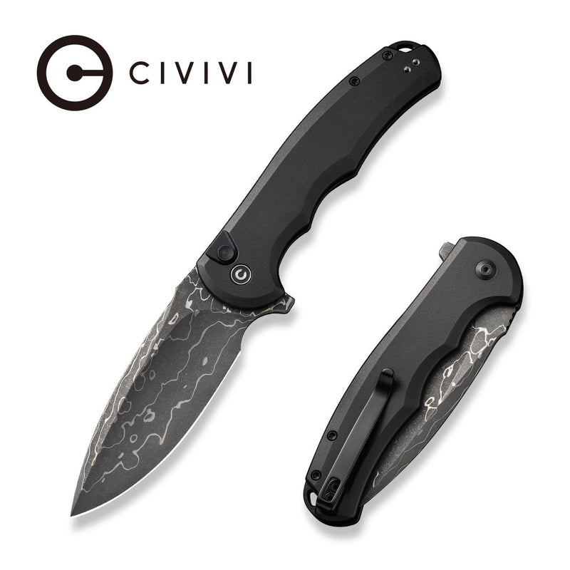 CIVIVI Button Lock Praxis Flipper Knife Black Aluminum Handle (3.75" Damascus Blade) C18026E-DS1
