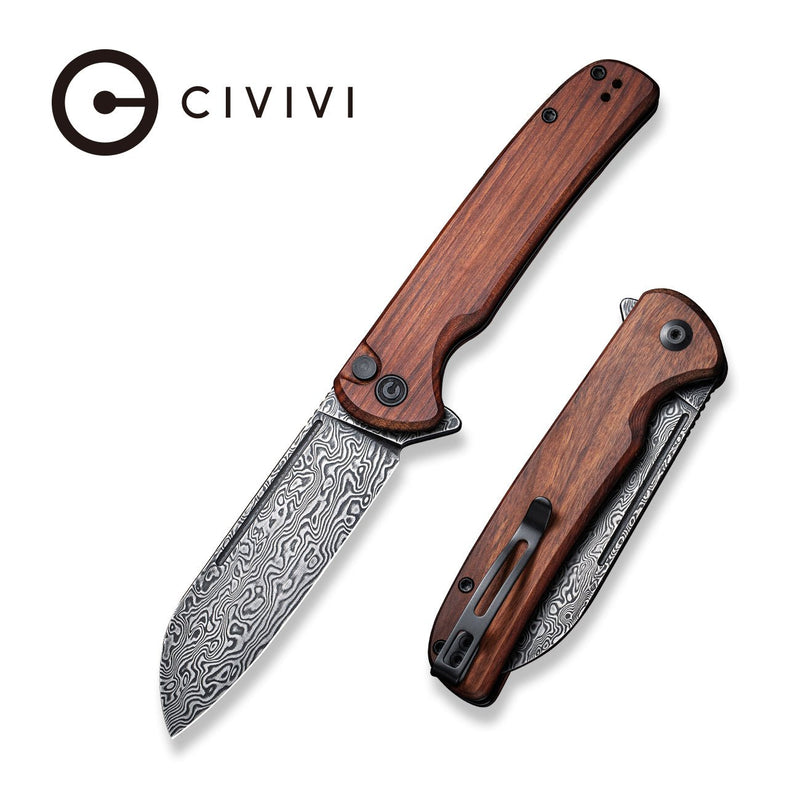CIVIVI Chevalier Flipper And Button Lock Knife Wood Handle (3.46" Damascus Blade) C20022-DS1