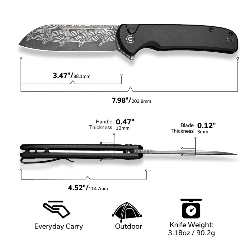 CIVIVI Chevalier II Flipper & Button Lock Knife Black Aluminum Handle (3.47" Damascus Blade) C20022B-DS1