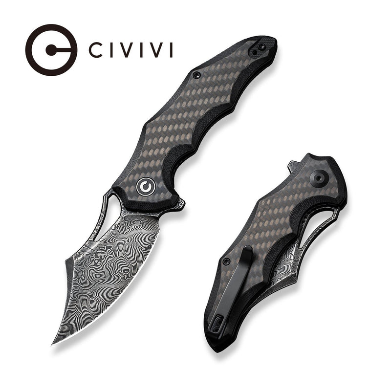 CIVIVI Chiro Flipper Knife Carbon Fiber Overlay On Black G10 Handle (3.1" Black Hand Rubbed Damascus Blade) C23046-DS1