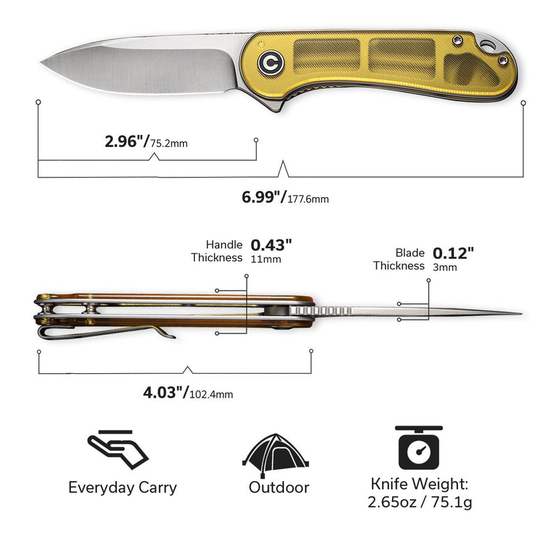 CIVIVI Elementum Flipper Knife Polished Ultem Handle (2.96" Satin Finished D2 Blade) C907A-4