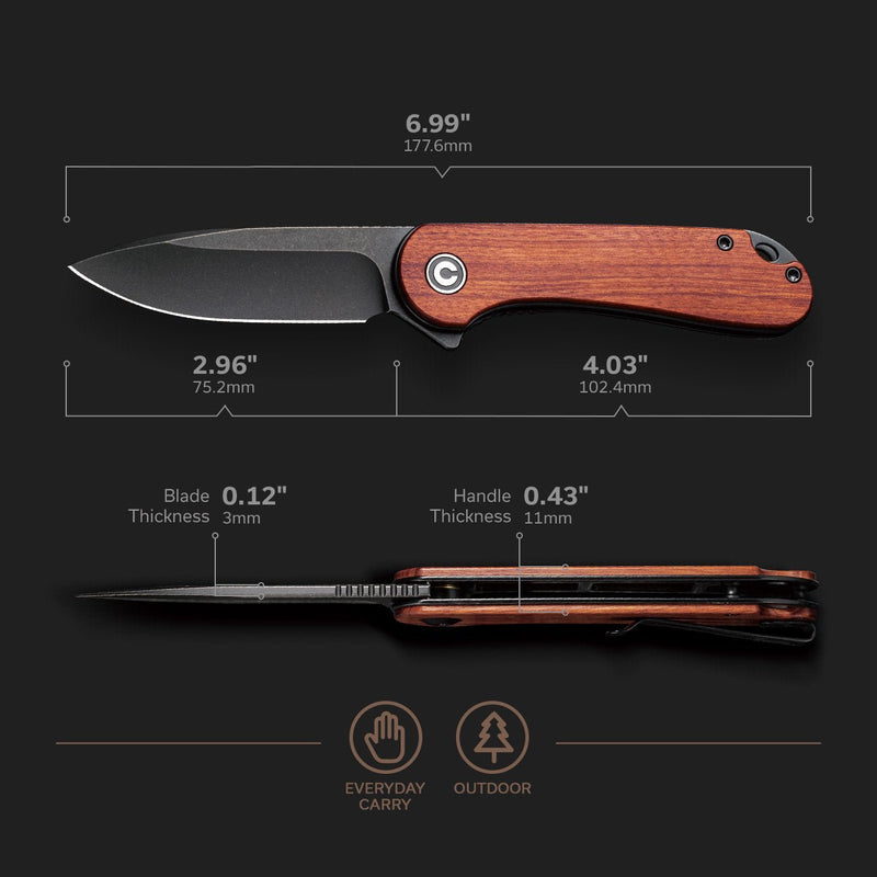 CIVIVI Elementum Flipper Knife Wood Handle (2.96" D2 Blade) C907U