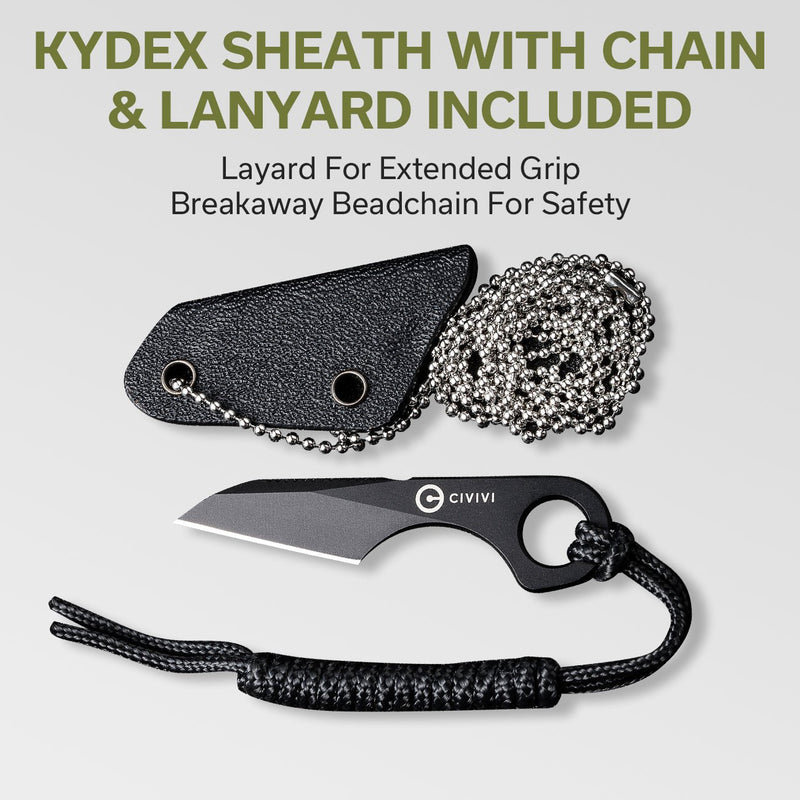CIVIVI Gramis Fixed Blade Knife (1.02" Black 14C28N Blade), With 1PC Black Kydex Sheath, 1PC Plain Bead Chain & 1PC Black Lanyard C23004-1