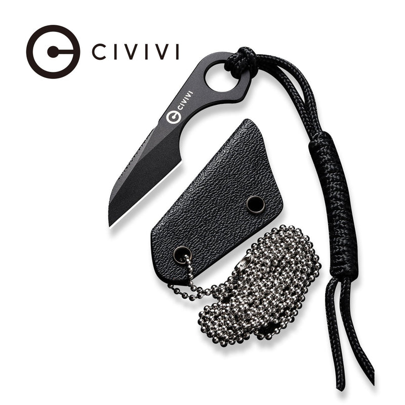 CIVIVI Gramis Fixed Blade Knife Black 14C28N Blade With 1PC Black Kydex Sheath, 1PC Plain Bead Chain & 1PC Black Lanyard C23004-1