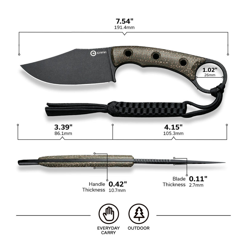 CIVIVI Midwatch Fixed Blade Knife Micarta Handle (3.39" N690 Blade) C20059B-3