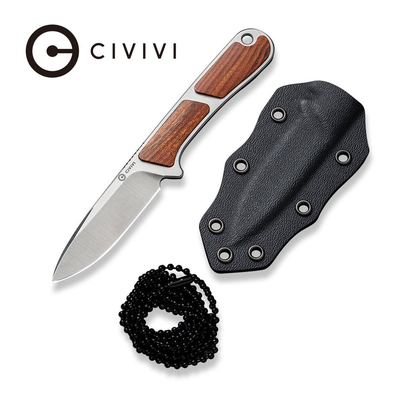 CIVIVI Mini Elementum Fixed Blade Knife Guibourtia Wood Handle (2.24" Satin Finished Nitro-V Blade) C23010-4, With 1PC Black Kydex Sheath and Black Bead Chain